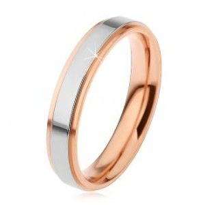 Lesklý ocelový prsten, vyvýšený pás stříbrné barvy a měděné okraje, 4 mm H5.04