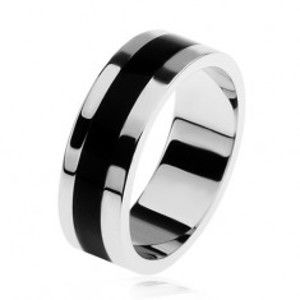 Lesklý stříbrný prsten 925, černý glazovaný pásek uprostřed S76.14