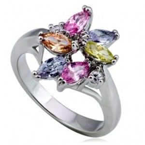 Lesklý kovový prsten - květ, barevné slzičkové a kulaté zirkony L9.04