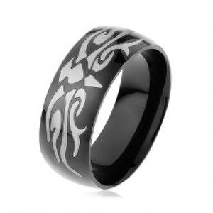 Lesklý ocelový prsten černé barvy, šedý motiv tribal, hladký povrch SP82.10