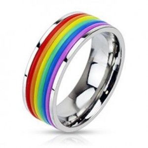Lesklý ocelový prsten s pryžovými pásky v barvách duhy E5.20