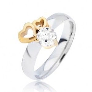 Lesklý ocelový prsten se zlatými obrysy srdcí a čirým zirkonem L13.05