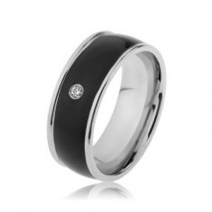 Lesklý ocelový prsten stříbrné barvy, černý vypouklý pás s čirým zirkonem SP62.29