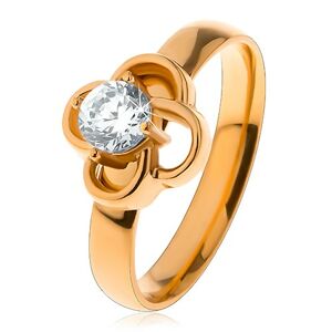 Lesklý ocelový prsten ve zlatém odstínu, obrys kvítku s čirým zirkonem - Velikost: 54