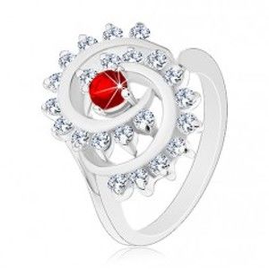 Lesklý prsten s ozdobnou spirálou s čirým lemem, tmavě červený zirkon V01.30