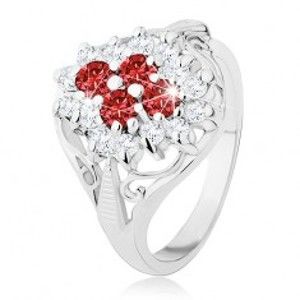 Lesklý prsten s rozdělenými rameny, červeno-čirý zirkonový květ R31.10