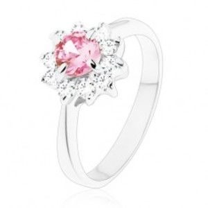 Lesklý prsten se zirkonovým kvítkem v růžové a čiré barvě, zúžená ramena V12.14