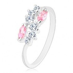 Lesklý prsten se zúženými rameny, stříbrná barva, čirá vlnka a růžová zrna AC10.14