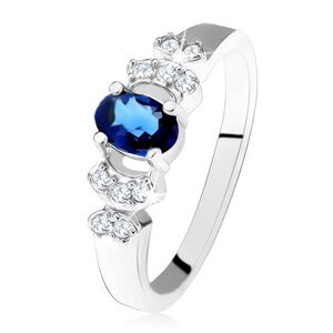 Lesklý prsten - stříbro 925, tmavě modrý oválný zirkon, čiré kamínky - Velikost: 60