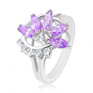 Lesklý prsten stříbrné barvy, fialový zirkonový květ, čiré zirkonky R33.23