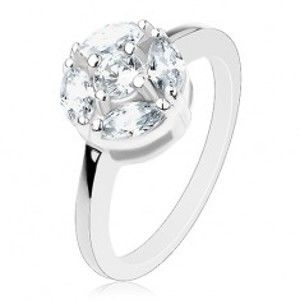 Lesklý prsten stříbrné barvy, kruh zdobený čirými zrnky a kulatým zirkonem AC09.08