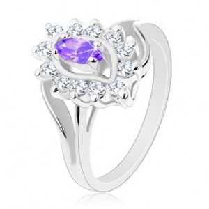 Lesklý prsten ve stříbrné barvě, fialové zirkonové zrnko, kruhové zirkonky AC15.07