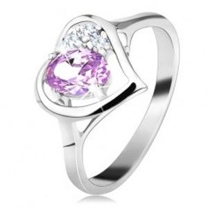 Lesklý prsten ve stříbrné barvě s obrysem srdce, světle fialový oválný zirkon G11.07