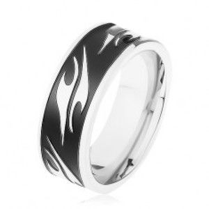 Lesklý prsten z chirurgické oceli, černý pás zdobený motivem tribal HH6.14