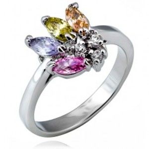Lesklý prsten z kovu - vějíř barevných zrnkových zirkonů L9.01