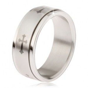 Lesklý prsten z oceli - matná točící se obruč, šedý potisk liliového kříže BB17.10