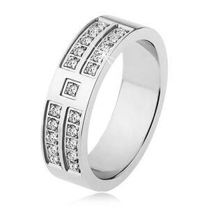Lesklý prsten z oceli stříbrné barvy, ozdobné linie čirých zirkonů - Velikost: 53