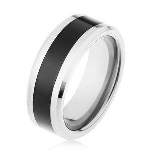 Lesklý prsten z wolframu, dvoubarevné provedení, černý pás, zkosené hrany - Velikost: 64