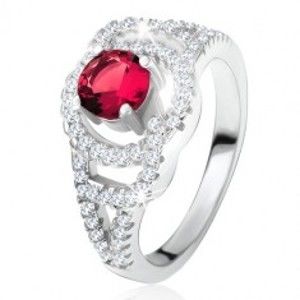 Lesklý prsten ze stříbra 925, červený kulatý kámen, zirkonové oblouky SP28.05