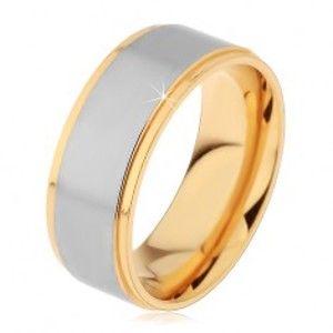 Lesklý stříbrno-zlatý ocelový prsten se dvěma zářezy - Velikost: 61