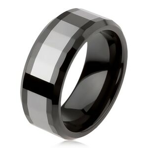 Lesklý wolframový prsten, dvoubarevný, geometricky broušený povrch - Velikost: 54