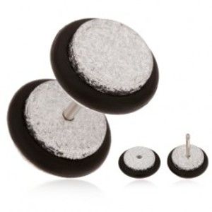 Blyštivý fake plug do ucha z akrylu, stříbrný odstín, černé gumičky PC02.24