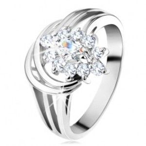 Blýskavý prsten, rozvětvená ramena ve stříbrném odstínu, čirý zirkonový květ G10.06