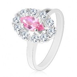 Blýskavý prsten s růžovým broušeným zrnkem, oválný lem z čirých zirkonků G13.25