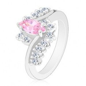 Blýskavý prsten stříbrné barvy, růžové zrnko, zirkonové čiré linie G13.03