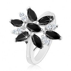 Blýskavý prsten stříbrné barvy, černo-čirý zirkonový květ, lesklá ramena R33.18