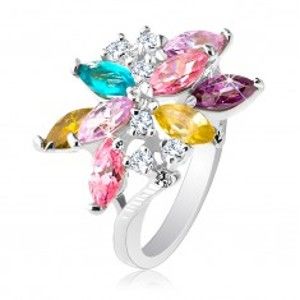 Blýskavý prsten stříbrné barvy, velký asymetrický květ z barevných zirkonů R26.9