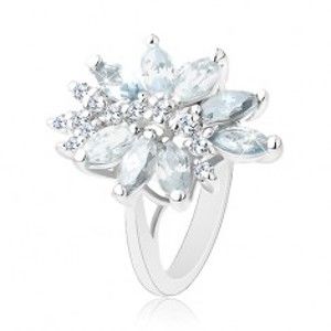 Blýskavý prsten stříbrné barvy, velký nesouměrný květ z barevných zirkonů R37.20
