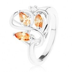 Blýskavý prsten stříbrné barvy, zvlněné linie, oranžové zirkony R41.10