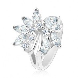 Blýskavý prsten, stříbrný odstín, nesouměrný květ ze zirkonů, lesklé obloučky R38.17