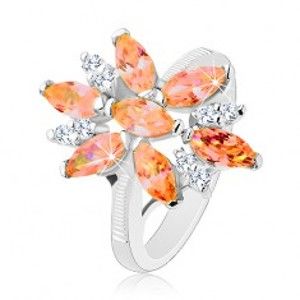 Blýskavý prsten ve stříbrné barvě, velký květ z oranžových a čirých zirkonů R29.16