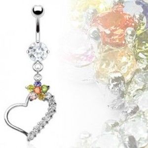 Luxusní piercing do břicha, srdce s barevným květem C16.17
