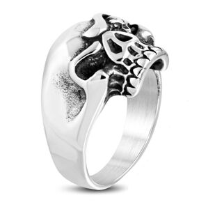 Masivní ocelový prsten, patinovaná lebka s rozzlobeným výrazem - Velikost: 57
