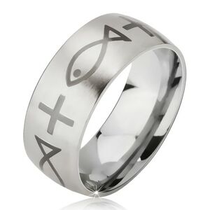 Matný ocelový prsten - stříbrná obroučka, potisk kříže a ryby - Velikost: 62
