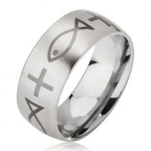 Matný prsten z chirurgické oceli stříbrné barvy, potisk s křížem a rybou, 6 mm K08.17