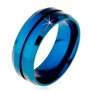 Modrý prsten z chirurgické oceli, úzký zářez uprostřed, zkosené okraje, 8 mm - Velikost: 63