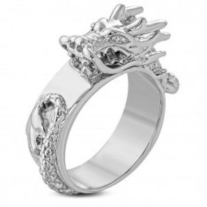 Mohutný ocelový prsten stříbrné barvy, lesklý vypouklý čínský drak H9.01