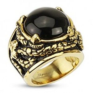 Mohutný zlatý prsten z chirurgické oceli, onyx v dračích spárech H8.05