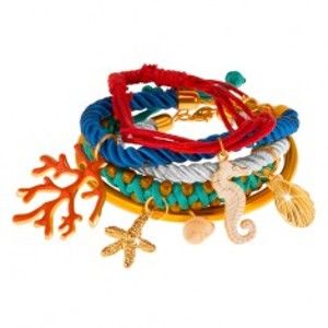 Multináramek, barevné šňůrky a kruh, přívěsky - korál, mušle, mořský koník X9.20