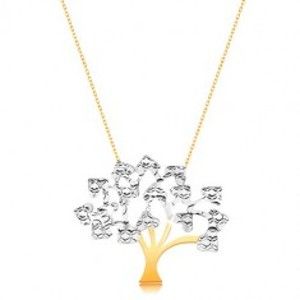 Náhrdelník v kombinovaném 14K zlatě - strom života se srdíčkovitými lístky