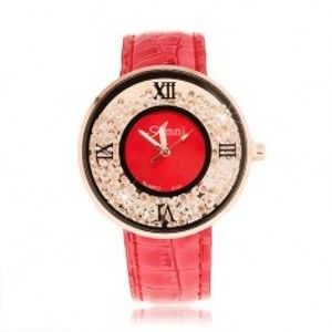 Náramkové hodinky - kulaté čiré zirkonky, lesklý tmavě růžový řemínek Z19.18