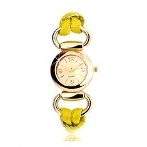 Náramkové hodinky, řemínek ze žlutého latexu, kulatý ciferník zlaté barvy X34.5