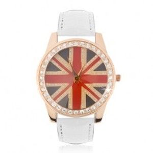 Náramkové hodinky z oceli - zlatorůžové, britská vlajka, bílý řemínek Q24.10