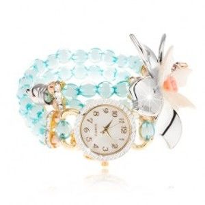 Náramkové hodinky z průhledných modrých korálků, ciferník se zirkony, velký květ Z05.08