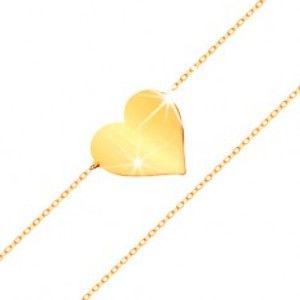 Náramek ve žlutém 14K zlatě - zrcadlově lesklé ploché srdce, blýskavý tenký řetízek GG159.02