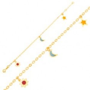 Náramek ze žlutého 9K zlata - bíločervený kvítek, měsíc, hvězda, řetízek GG01.30